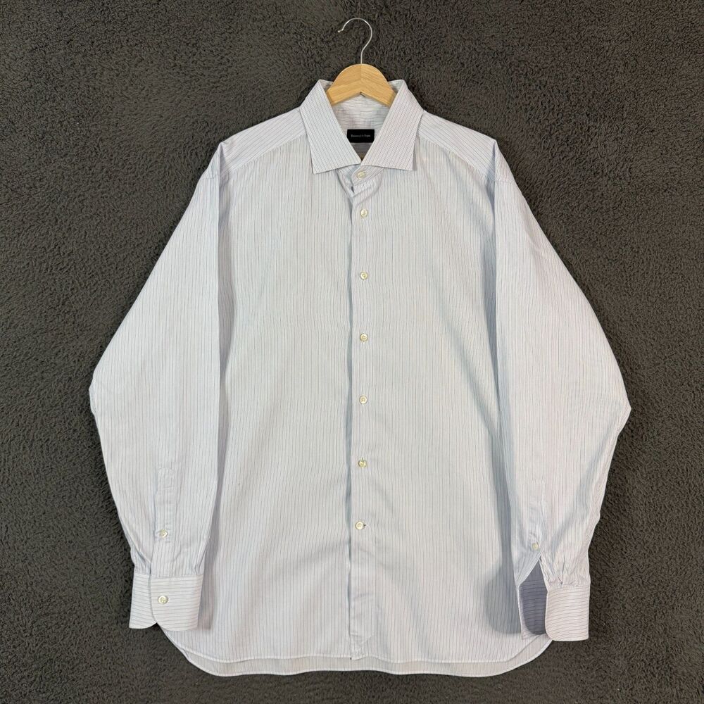 Ermenegildo Zegna Shirt Mens 18 Blue Striped Spread Collar Formal Long Sleeve